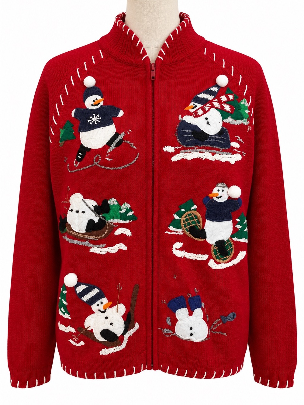 90s Christmas Sweater Snowman Small Vintage Zip Cardigan Red Cotton Blend